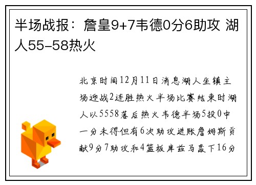 半场战报：詹皇9+7韦德0分6助攻 湖人55-58热火
