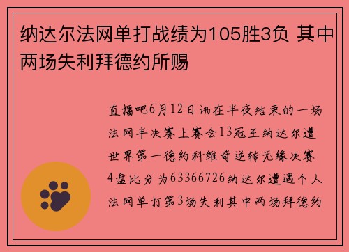 纳达尔法网单打战绩为105胜3负 其中两场失利拜德约所赐