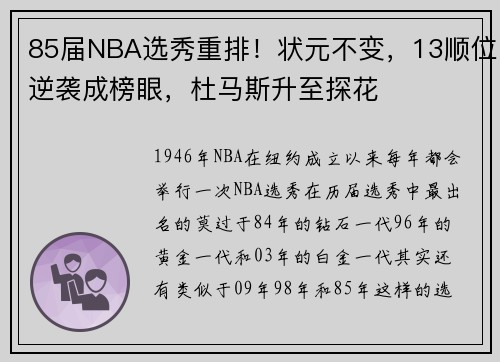 85届NBA选秀重排！状元不变，13顺位逆袭成榜眼，杜马斯升至探花