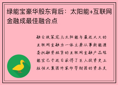 绿能宝豪华股东背后：太阳能+互联网金融成最佳融合点