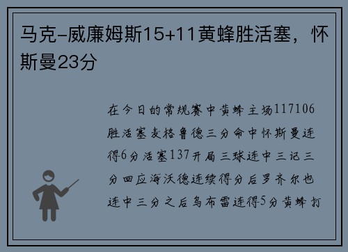 马克-威廉姆斯15+11黄蜂胜活塞，怀斯曼23分
